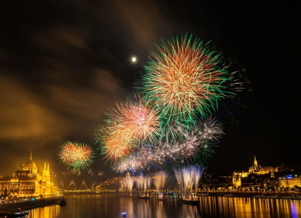 Fireworks illuminating the Hungarian Parliament building on August 20