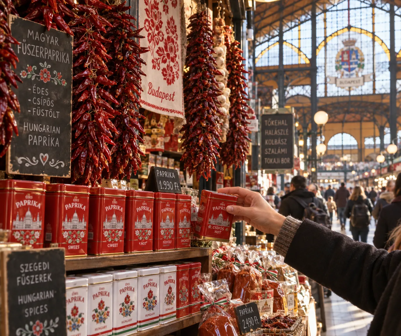 A lifestyle photograph inside Budapest's Great Market Hall: a vendor's stall hung with braids of dried red pa…