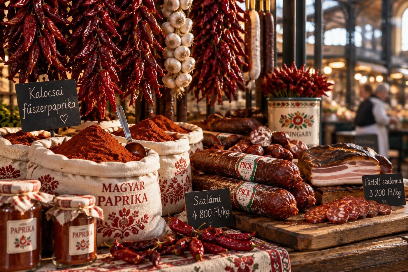 Close-up lifestyle photograph of a Hungarian market stall counter: cloth bags of deep brick-red ground paprik…